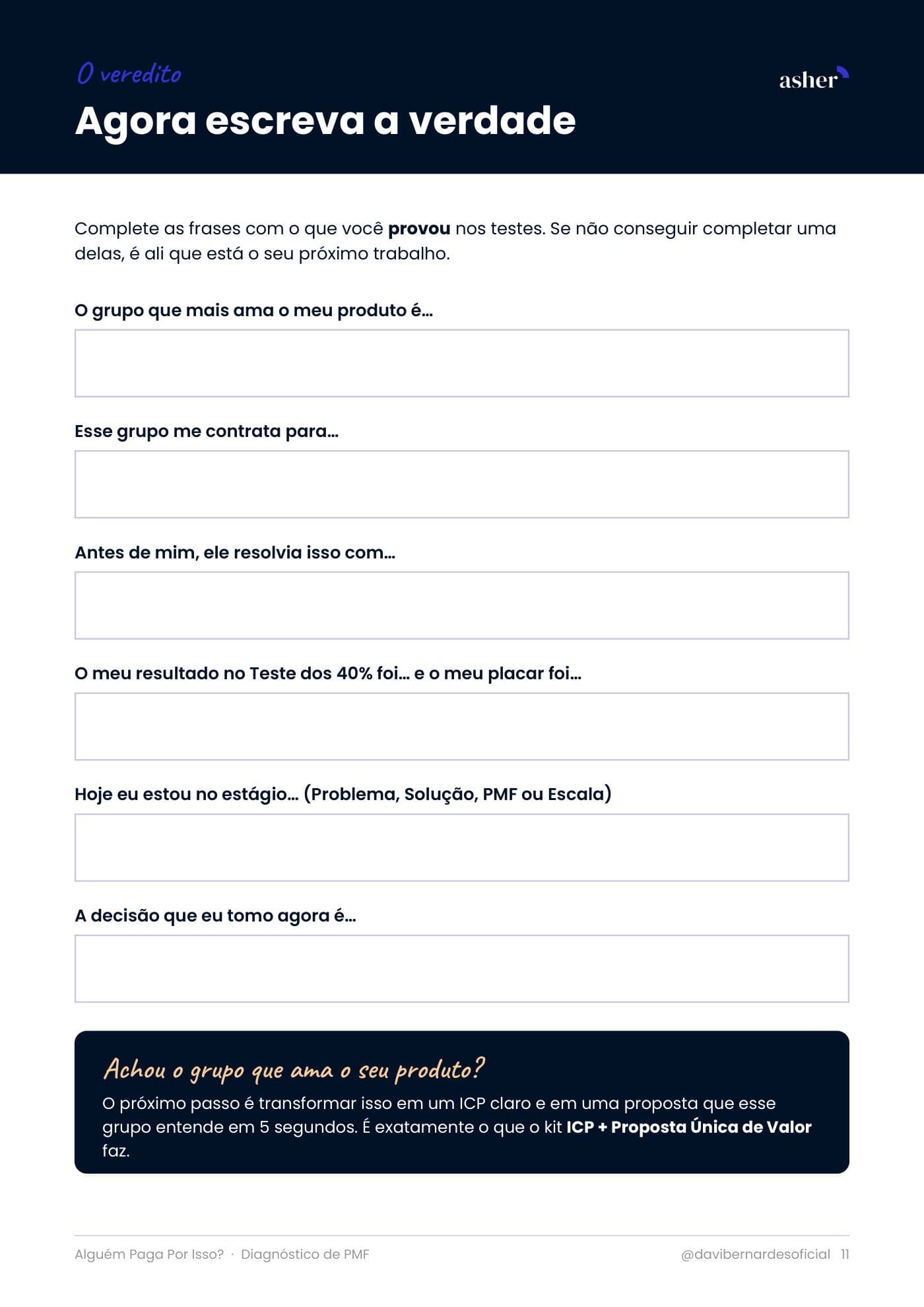 Página do veredito no diagnóstico, com frases em branco para o grupo que ama o produto, o resultado dos testes e a decisão.